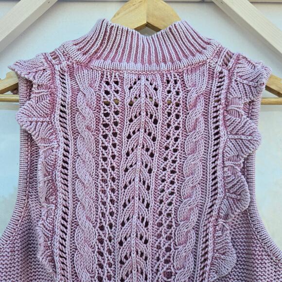 WHBM Women Boho Coquette Romantic Dusty Pink Lace Ruffle Open Knit Sweater Top M - Picture 7 of 11
